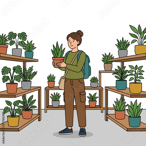 Young woman holding potted houseplant while shopping in garden center surrounded by greenery, concept of home decor and urban gardening