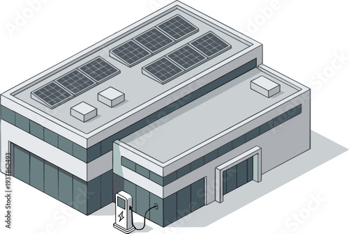 An electric car charges at a modern industrial building with solar panels on its rooftop in a daytime scene.