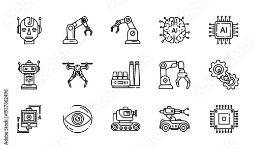 AI robotics automation outline vector icons editable stroke set