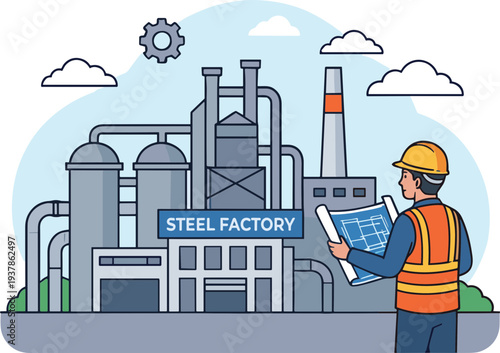 A worker in an orange vest examines blueprints at a large steel factory.