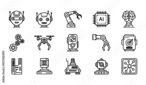 Minimal robotics artificial intelligence line icons vector pack