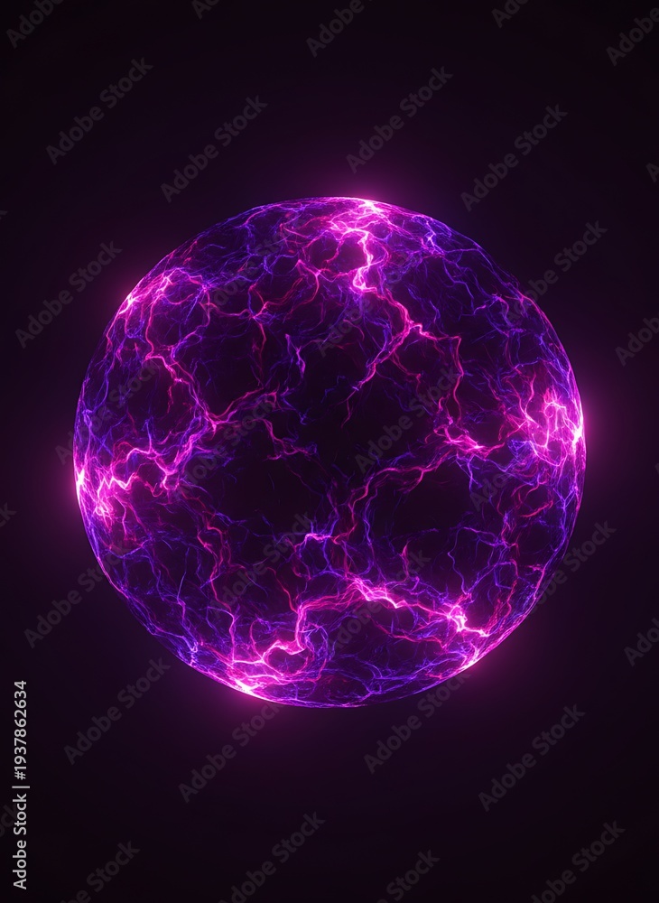Obraz premium Vibrant purple and pink electric orb with glowing lightning effects on a dark background