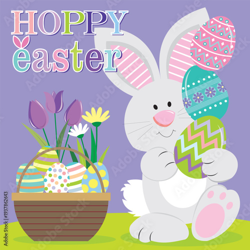 Hoppy Easter Bunny with Decorated Eggs and Spring Flowers