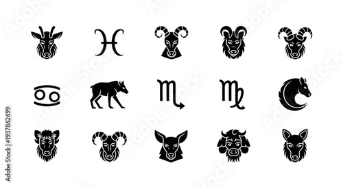 Collection of Zodiac Signs and Symbols in Black and White.