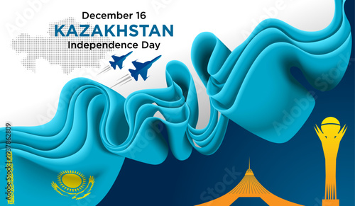 Kazakhstan Independence Day December 16 Background with Blue Ribbon Flag and Fighter Jets Vector Illustration