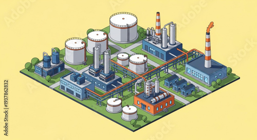 Industrial complex with storage tanks and pipelines illustration.