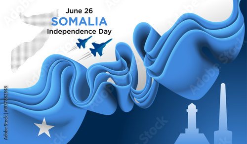 Somalia Independence Day June 26 Background with Blue Ribbon Flag and Fighter Jets Vector Illustration