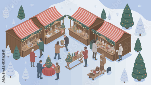 A festive holiday market scene with people shopping and socializing in a snowy winter wonderland setting