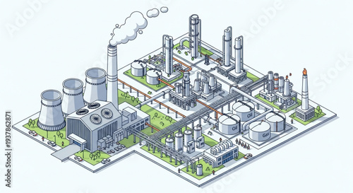 Industrial oil refinery complex with cooling towers and smoking chimneys.