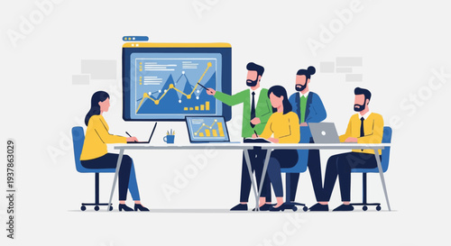 Business team discussing financial growth on presentation screen.