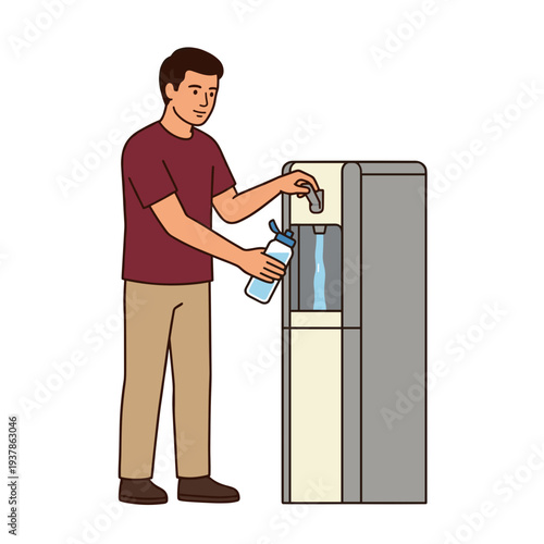 Young student refilling reusable water bottle at public water cooler, concept of hydration healthy lifestyle and sustainability on campus