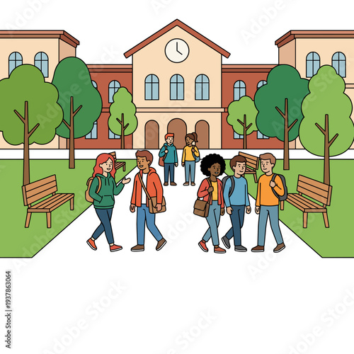 University courtyard with students walking between buildings and trees, concept of higher education campus life and academic community