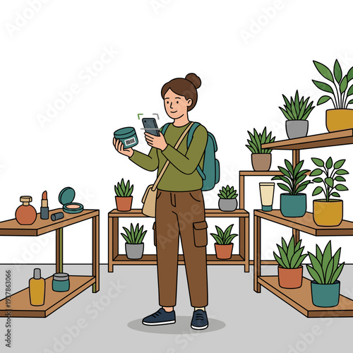Young woman scanning makeup product barcode with smartphone in store, concept of smart shopping technology and consumer choice
