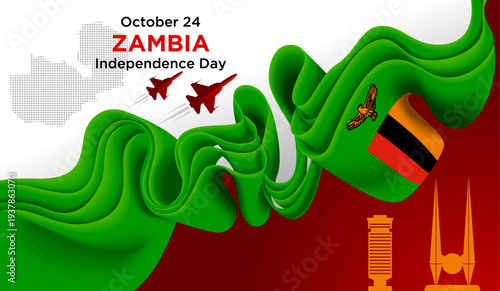 Zambia Independence Day October 24 Background with Abstract Ribbon Flag and Patriotic Vector Illustration