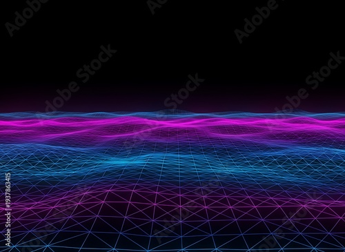 Vibrant digital landscape with waving grid pattern in blue and pink hues on black background