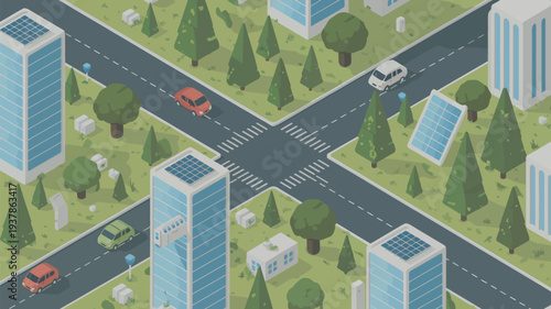 An aerial view of a sustainable city with solar panels on buildings and green spaces