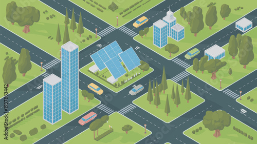 An aerial view of a vibrant city with green spaces and modern buildings