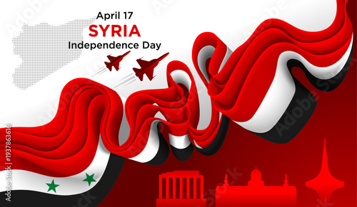 Syria Independence Day April 17 Background with Abstract Ribbon Flag and Patriotic Vector Illustration