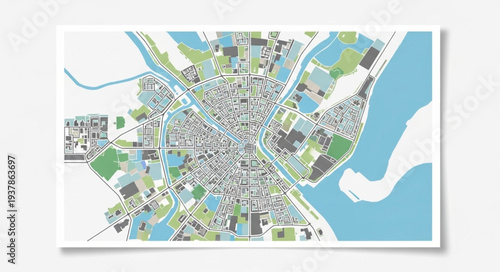 City Map with Waterways and Parks.