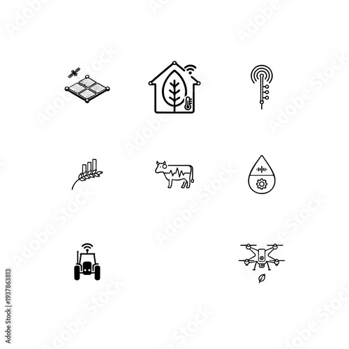 AgroTech and precision farming linear icon set, autonomous tractor, soil sensor and drone crop monitoring vector symbols