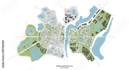 City Map with Waterways and Parks.