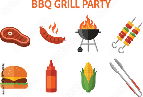 A BBQ grill party illustration features steak sausage grill skewers burger sauce corn and tongs