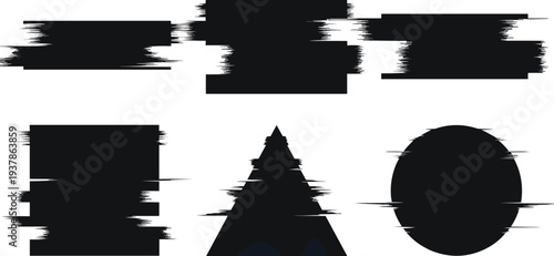 Abstract glitch geometric shapes digital distortion art featuring rectangles, square, triangle, and circle with fragmented futuristic aesthetic modern design for creative backgrounds