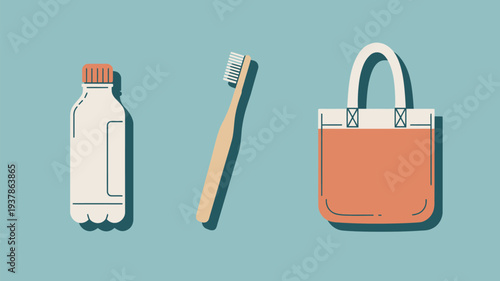 An illustration of a plastic bottle, toothbrush, and handbag on a green background
