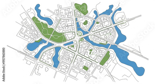 City Map with Waterways and Parks.