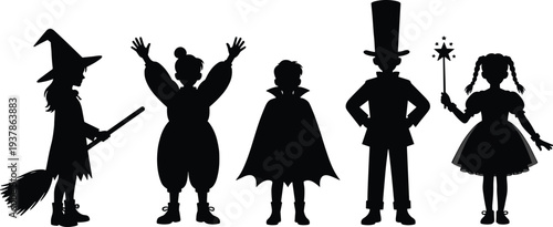 Kids Halloween Costume Silhouettes Set Featuring Witch, Clown, Vampire, Magician and Fairy Characters Isolated on White Background for Spooky Holiday Design
