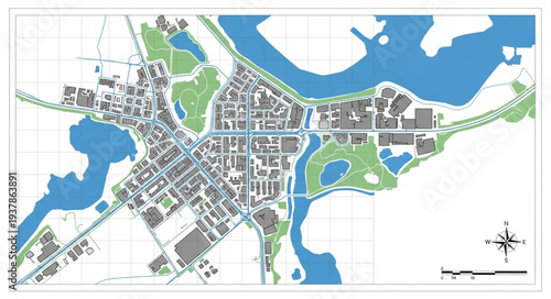City Map with Waterways and Roads.