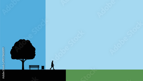 Minimalist Park Scene with Silhouette of Man Walking, Tree, Bench