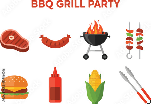 A BBQ Grill Party illustration Includes steak sausage grill skewers burger ketchup corn and tongs