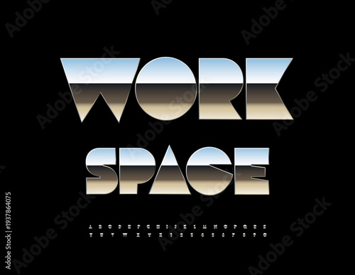 Vector Business emblem Work Place. Premium Silver Font. Reflective Metallic Alphabet Letters and Numbers set.