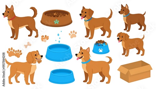Cartoon dogs and bowls with accessories against a white background