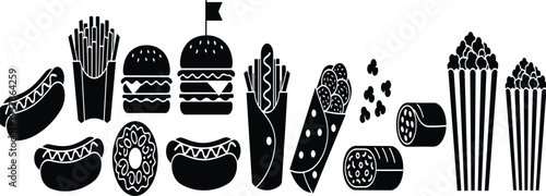 Black and white fast food silhouettes collection featuring burgers french fries hot dogs popcorn donuts and tacos isolated on white background for restaurant menu design