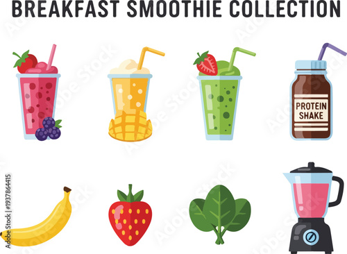 A Breakfast Smoothie Collection illustration features seven smoothies plus ingredients and a blender