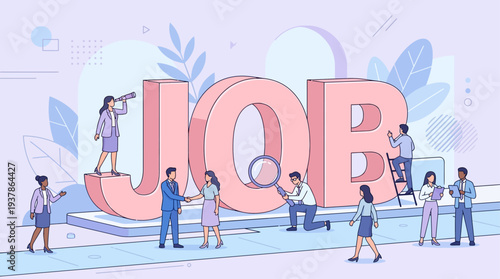 People searching for job opportunities in a modern workplace setting viewed from a slightly elevated perspective