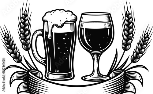 Black and white illustration of beer mug with frothy foam and wine glass surrounded by barley wheat stalks, perfect for brewery branding and celebration themes