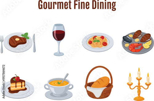 A cartoon depicting various foods wine glass candles and silverware