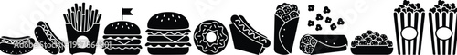 Black and white silhouette fast food icons set featuring burgers french fries hot dogs donuts burritos popcorn and snacks isolated on white background for menu design