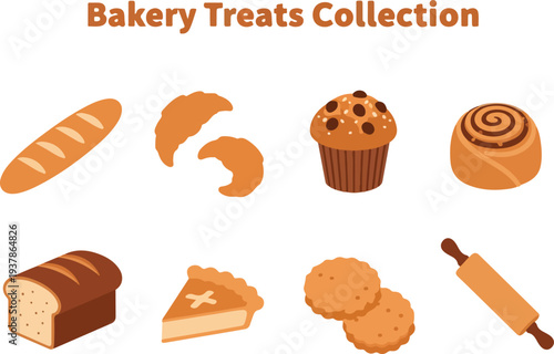 A collection of bakery goods including bread croissants a muffin a cinnamon roll sliced bread pie cookies and a rolling pin