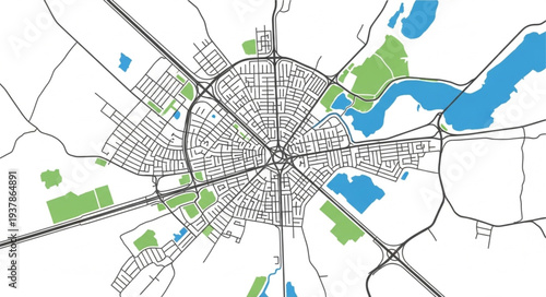City Map with Roads and Waterways.
