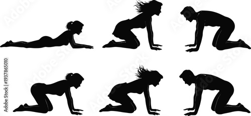 Crawling Zombie Woman Silhouette Set in Different Poses Isolated on White Background, Creepy Undead Female Character Collection for Halloween Horror Concept Design
