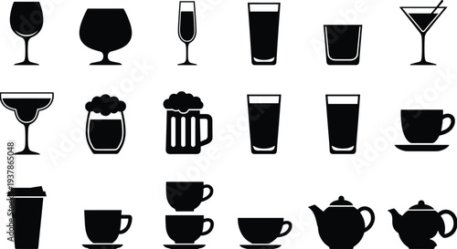 Black Beverage Glassware Silhouettes Set Including Wine Glasses Beer Mugs Coffee Cups Teapots and Cocktails Isolated Icons for Menu Design and Kitchen Vector Art
