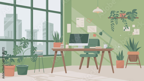 A modern office space with a desk, computer, and numerous plants in a green room with a city view