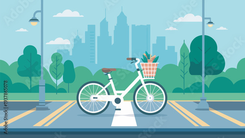 A white bicycle with a basket of produce is parked on a city street with a skyline in the background.
