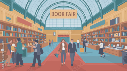 A vibrant illustration of people browsing books at a large indoor book fair with a high ceiling and many shelves.