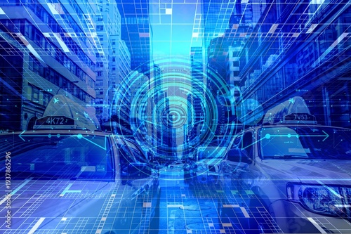 Dynamic blue digital overlay on a modern city street illustrating smart urban transportation and intelligent infrastructure.