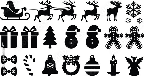 Black Christmas Silhouette Vector Set Featuring Santa Sleigh Reindeer Snowman Gingerbread Man Candy Cane Ornaments and Festive Holiday Icons for Winter Celebration Graphic Design